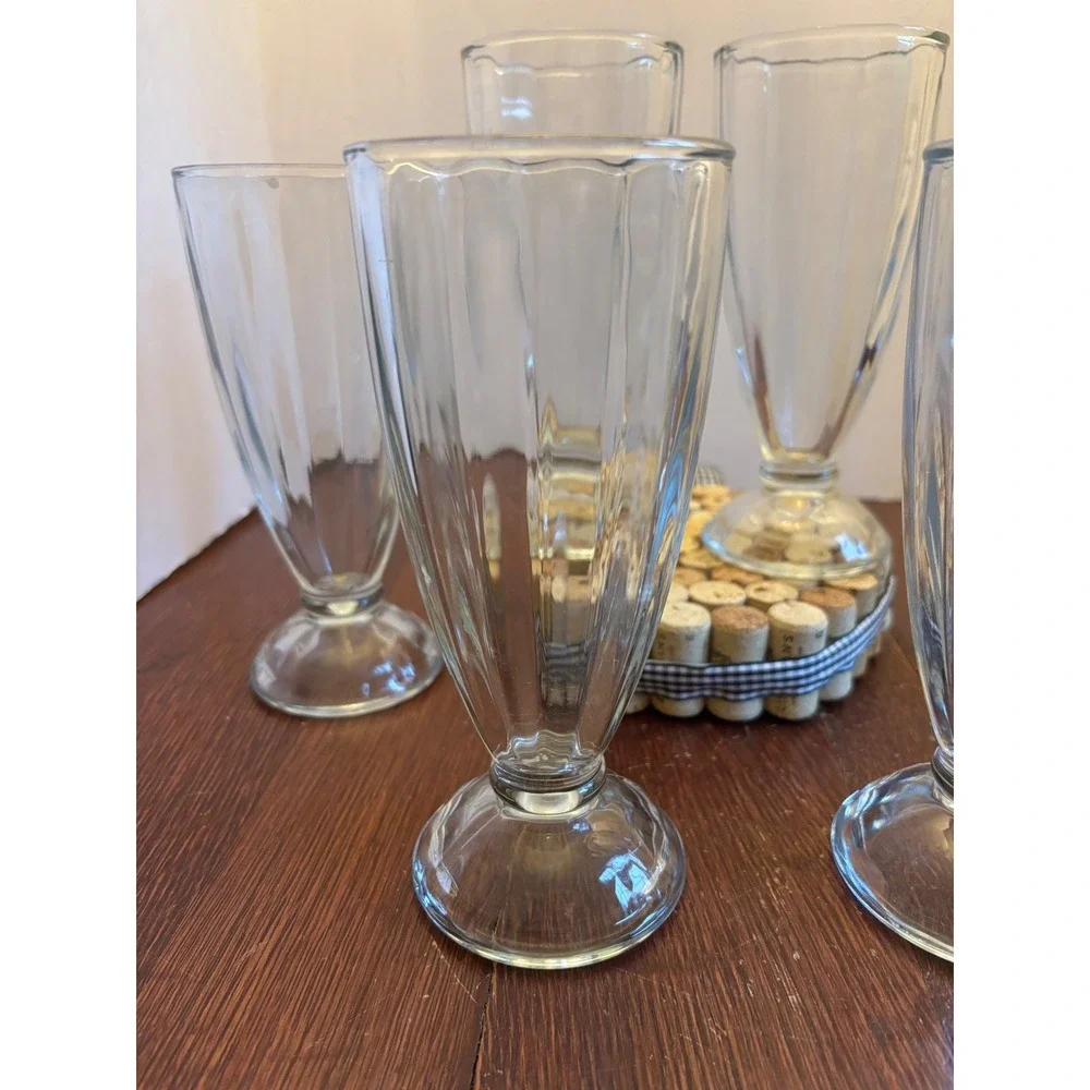 Vintage Set of 6 Paneled Glass Soda Fountain Milkshake‎ Sundae Glasses 7.5 Inch